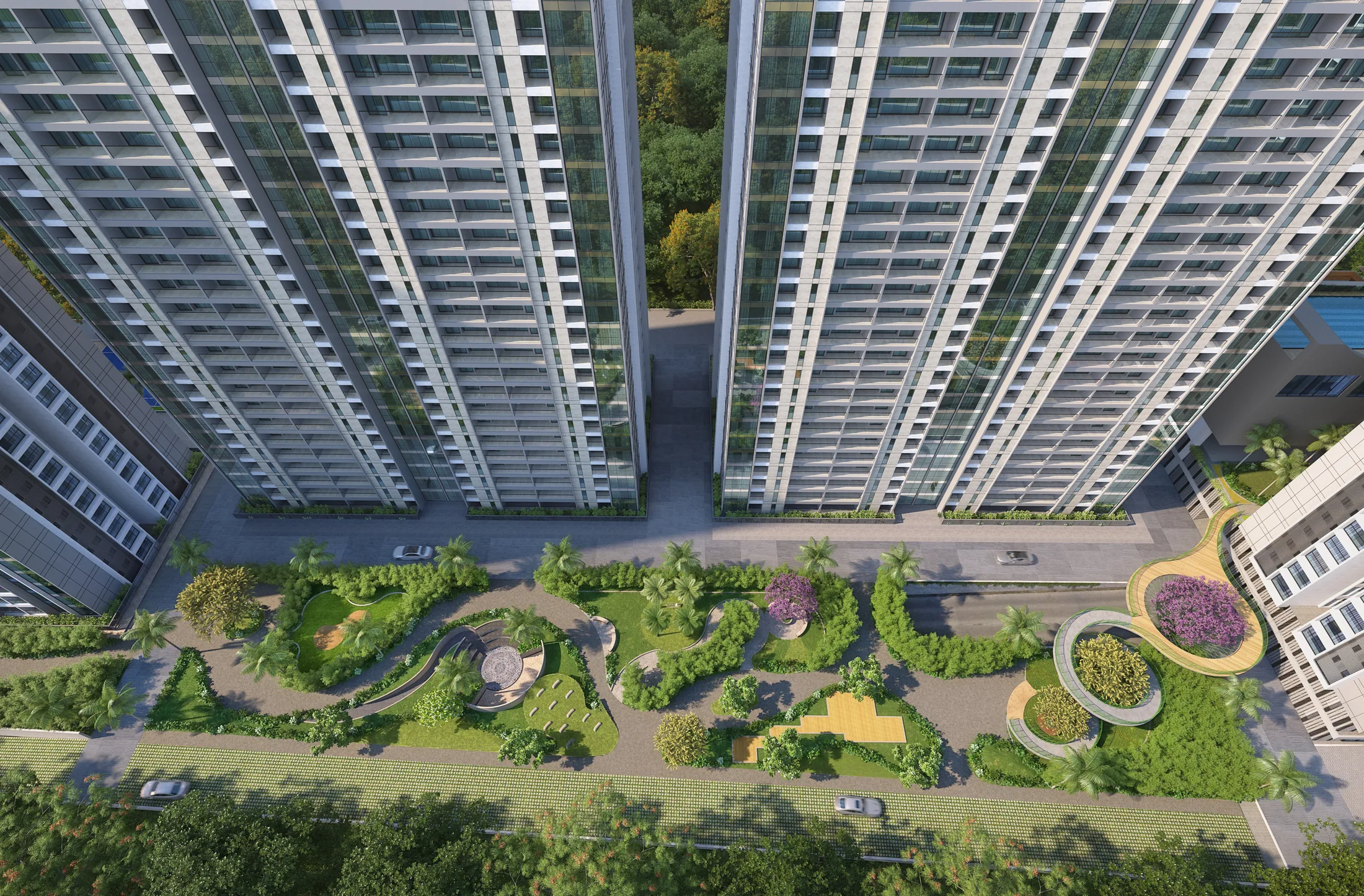 Aerial view of the central greens between the Pristine O2 World towers