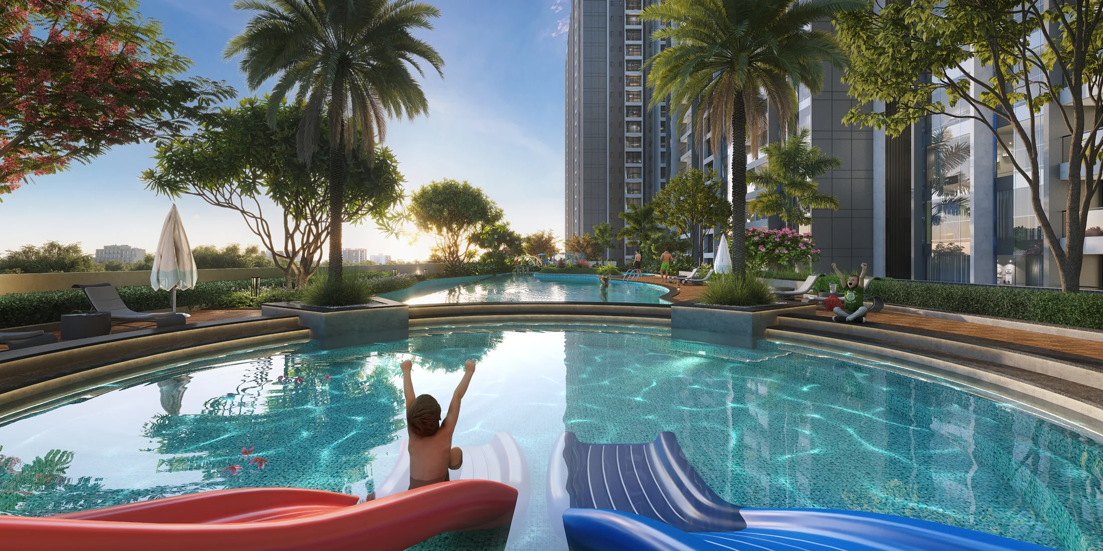 Rooftop leisure deck and pool at Pristine O2 World at sunset