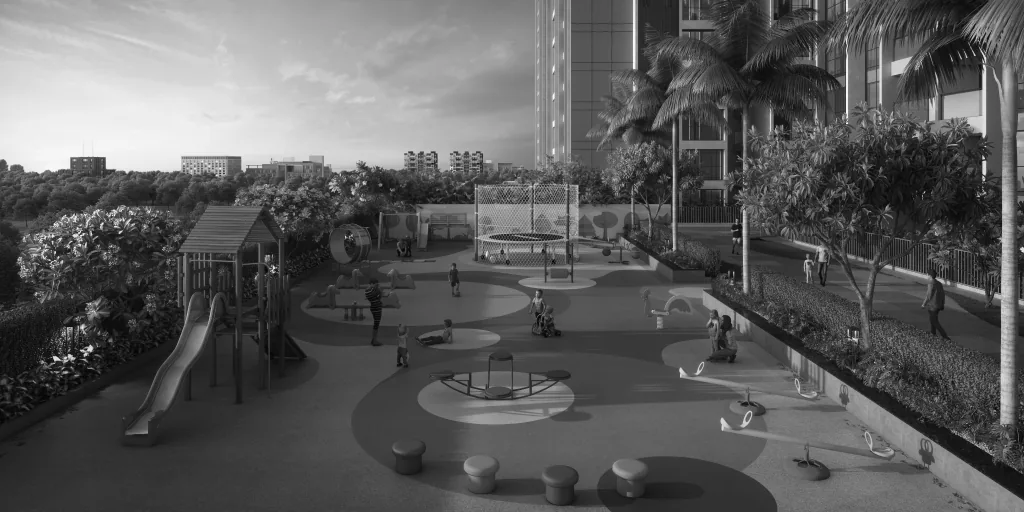 Children's play area and palm-lined plaza between the towers