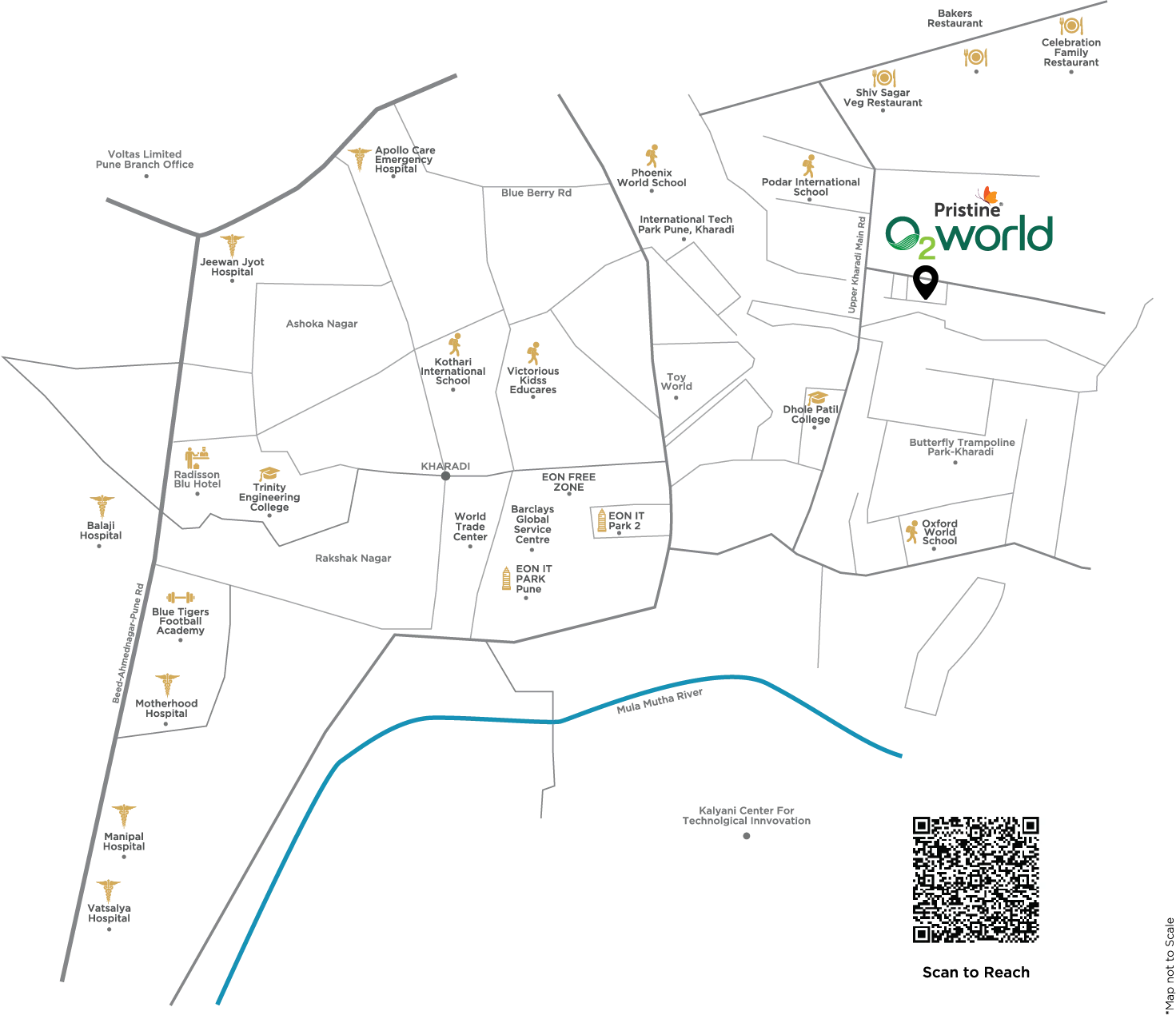 Location map of Upper Kharadi, Pune: Pristine O2 World with the nearby schools, hospitals, IT parks, colleges, hotels and restaurants