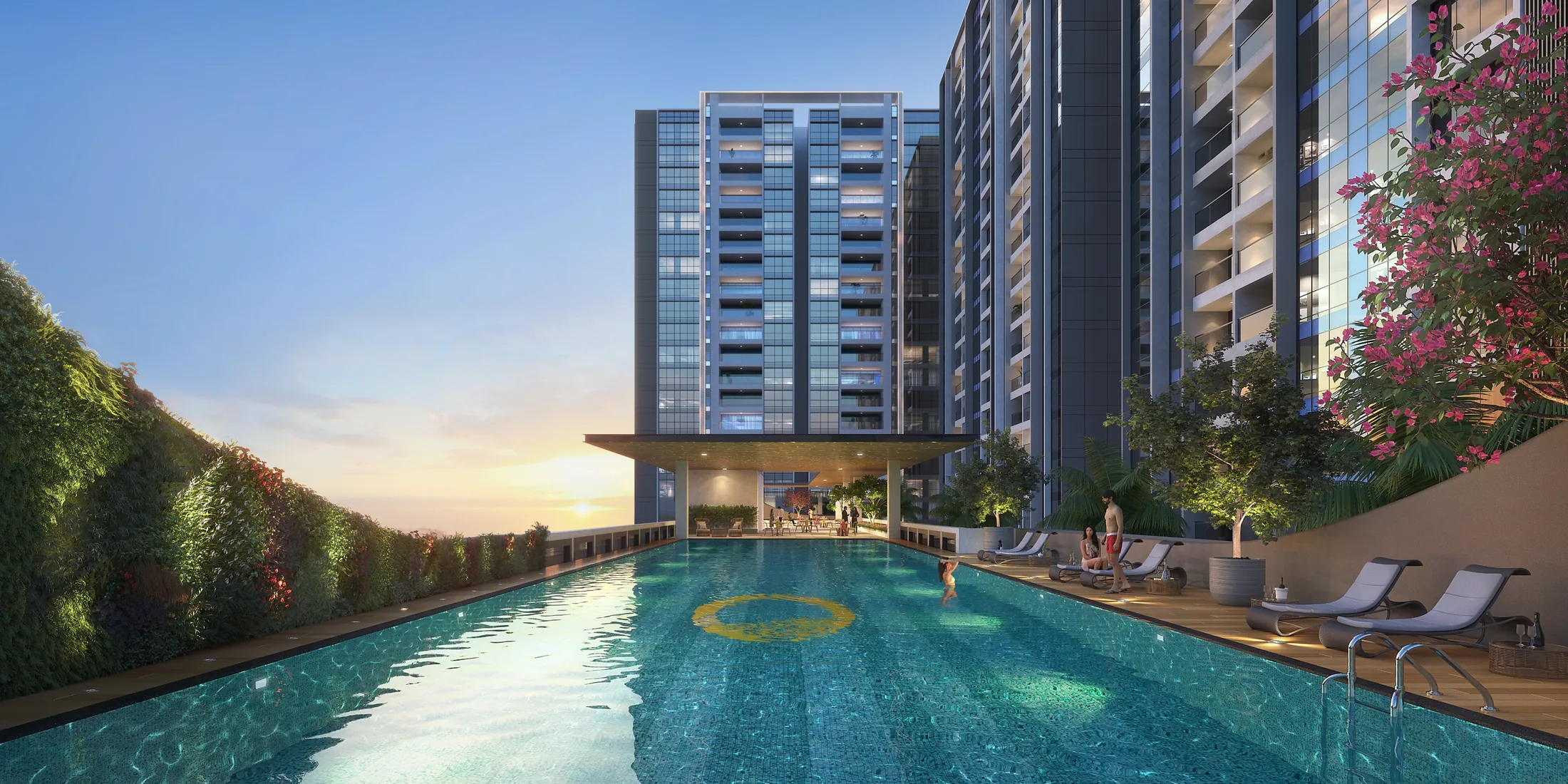 Temperature-controlled swimming pool at Pristine O2 World with the residential towers behind it